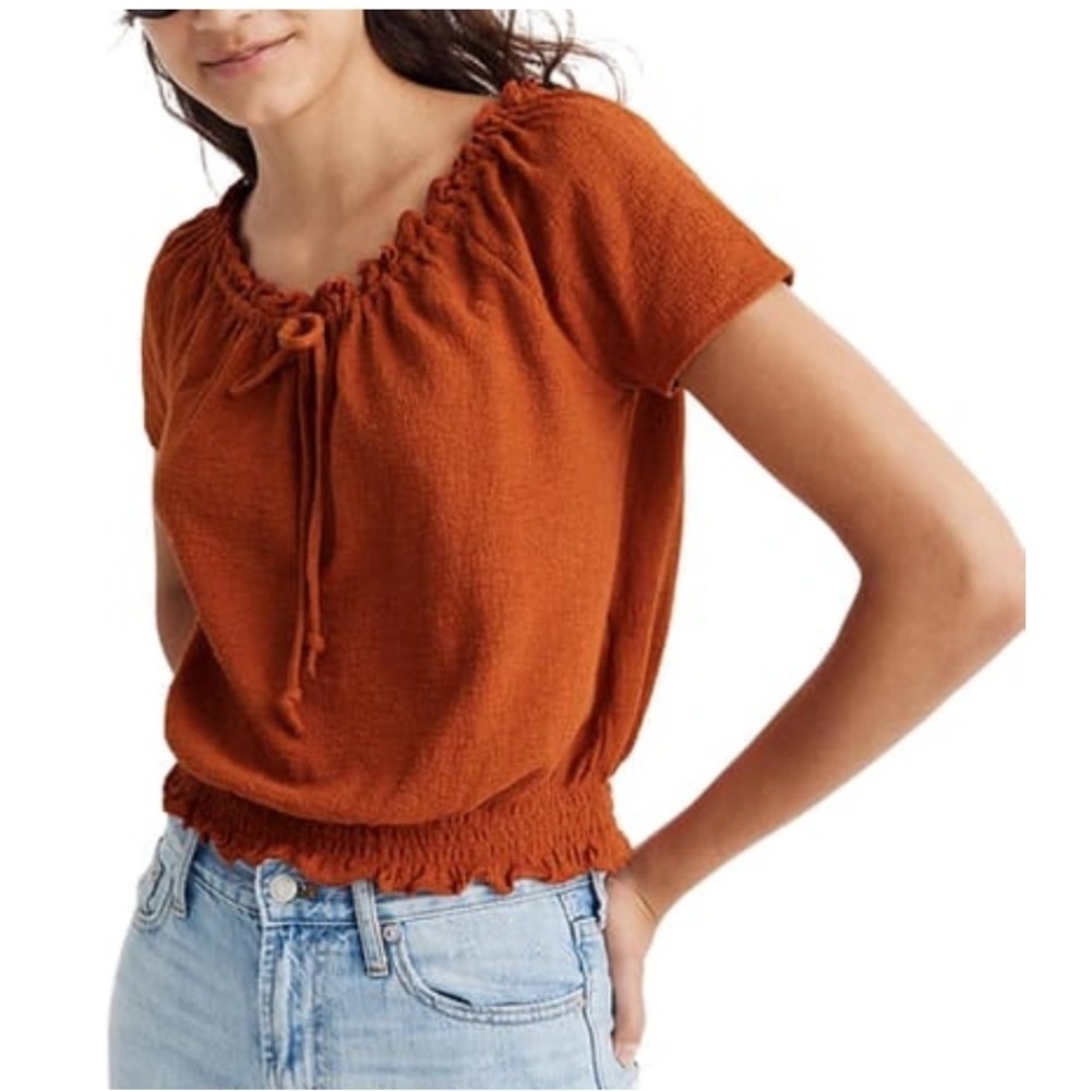 Madewell textured cotton on or off shoulder smocked waist top - Picture 3 of 9